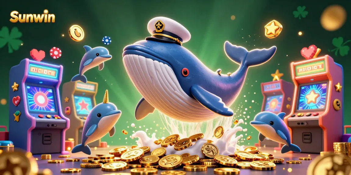 Engage in thrilling gaming with Sunwin's vibrant 3D casino scene featuring a whale, narwhal, and dolphins surrounded by colorful arcade game elements.