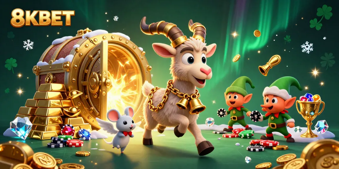 Engaging 3D scene with 8KBET characters in a casino, oversaturated with sparkling treasures and festive elements.