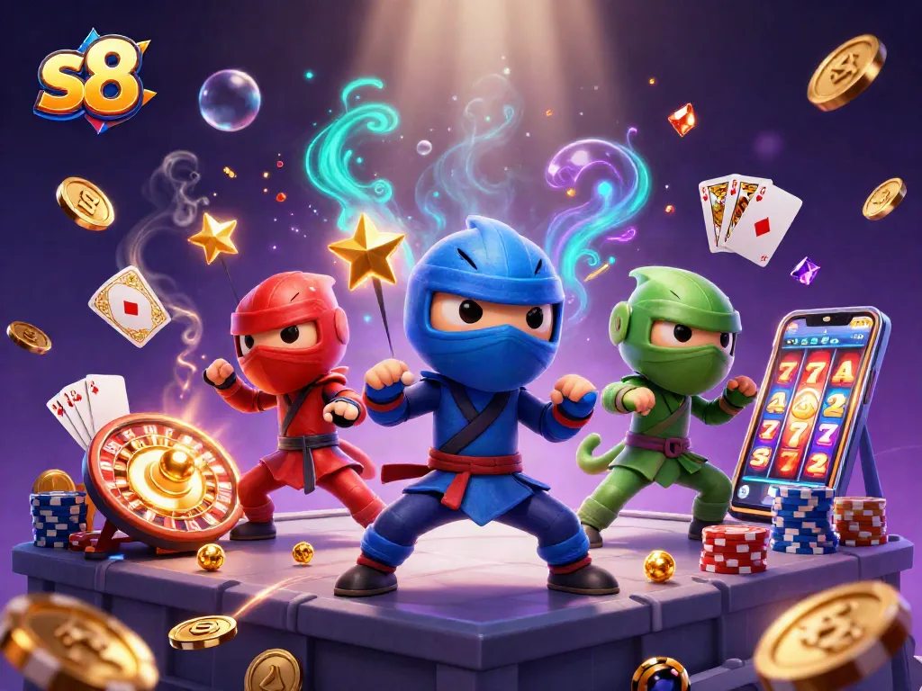Play casino games with s8 featuring a ninja chameleon trio amidst coins and roulette