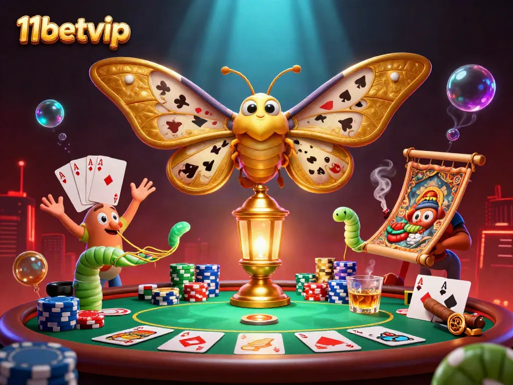Engage with 11betvip in a vibrant casino scene featuring a majestic atlas moth and festive poker elements.