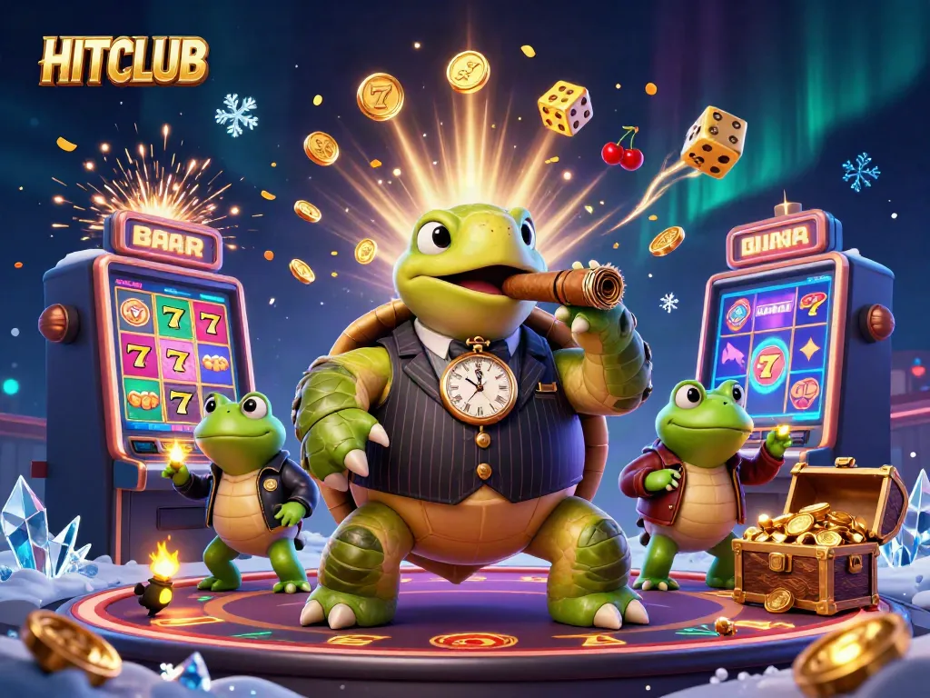 Experience HITCLUB's vibrant casino environment with a dynamic 3D scene of engaging characters and gaming elements.