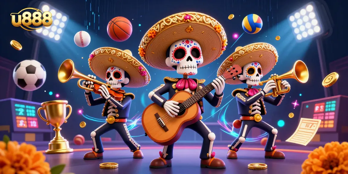 Experience the excitement of u888 with a vibrant scene featuring animated mariachi skeletons and dynamic sports imagery.