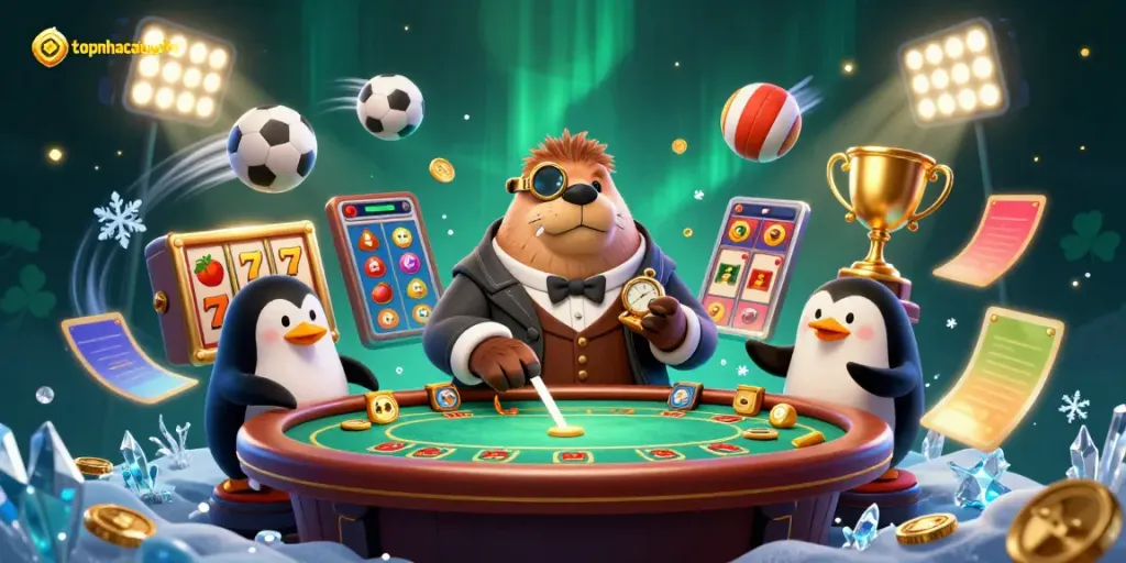 Engage with topnhacaiuytin's vibrant casino art featuring a jolly walrus and sophisticated characters at a dynamic poker scene.