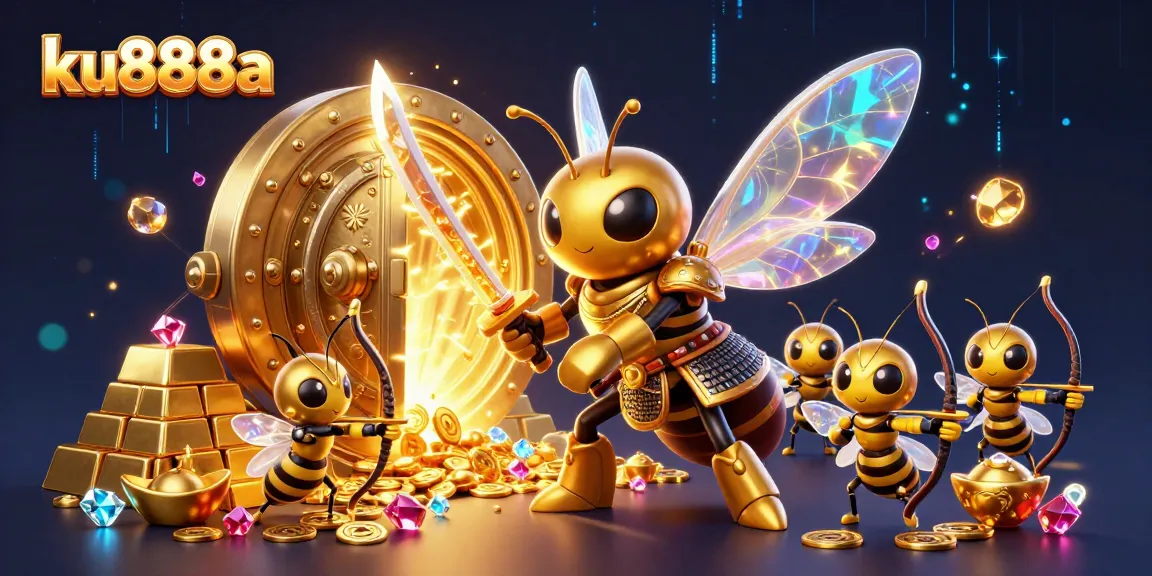 Experience the thrill of gaming with ku888a in this vibrant casino illustration featuring a golden hornet and treasure.