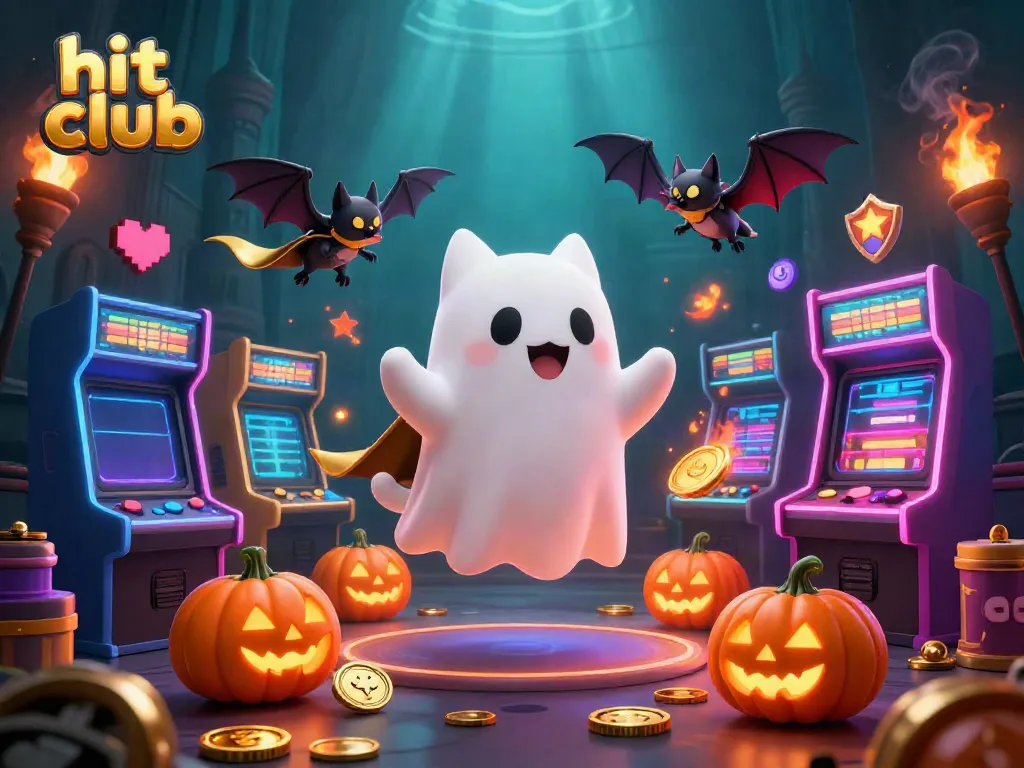 Enjoy thrilling gameplay with hit club's glowing jack-o-lanterns and friendly ghost cat in a lively casino.
