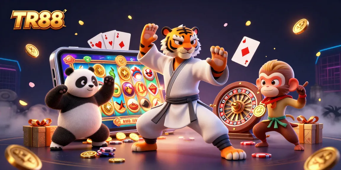 Experience exhilarating gaming with TR88, featuring 3D characters and vibrant casino elements.