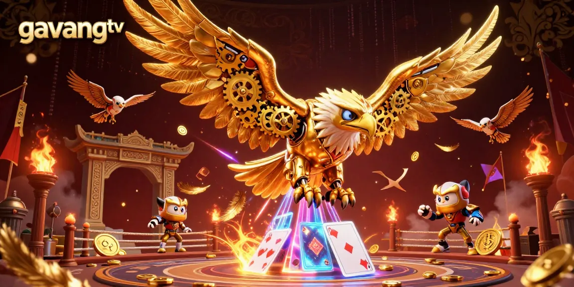 Experience excitement with gavangtv's 3D cybernetic eagle diving through holographic playing cards, surrounded by golden coins.