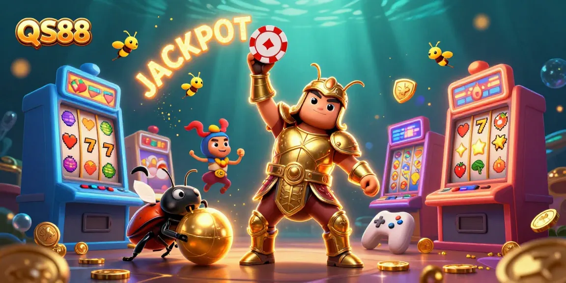 Experience the thrill of winning at QS88 with our vibrant casino-themed 3D illustration featuring a victorious beetle character.