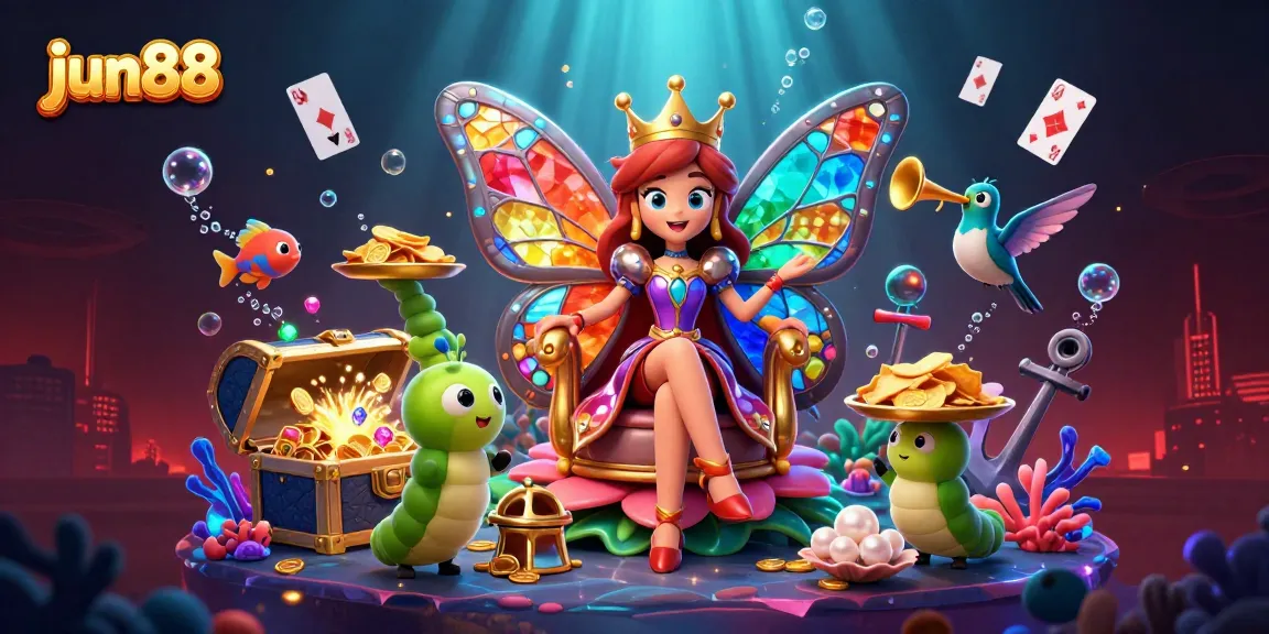 Experience vibrant gaming action at Jun88 with a colorful 3D casino illustration showcasing rich elements.