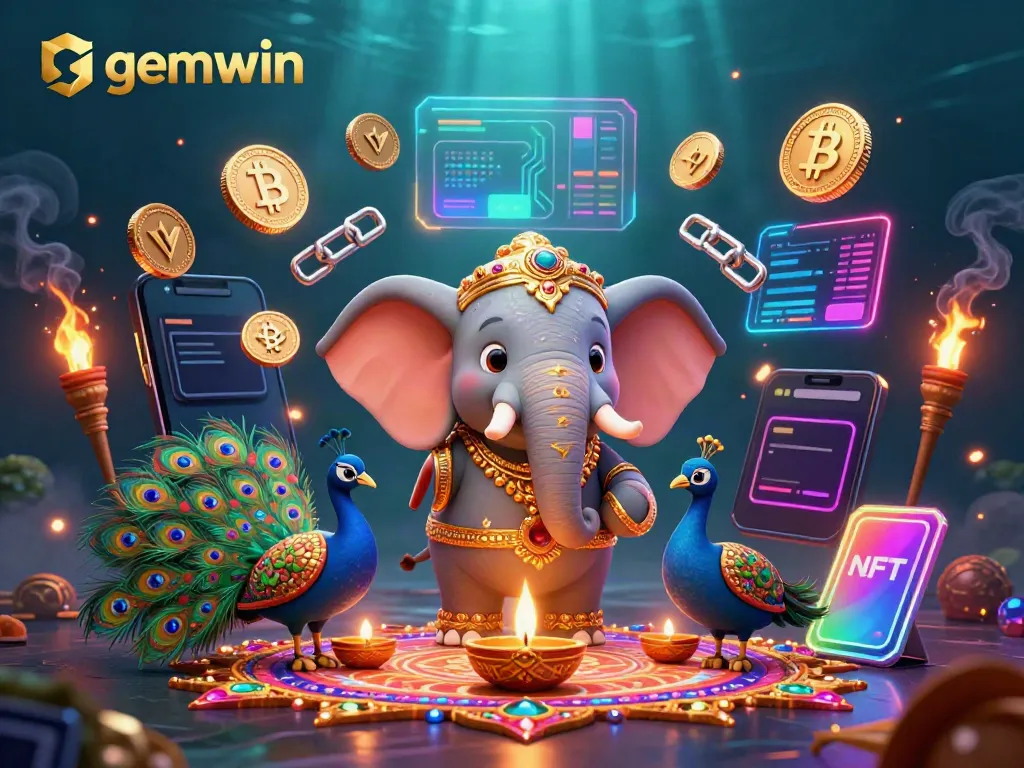 Engage with gemwin's vibrant casino adventure, featuring a colorful elephant and a peacock amidst dazzling digital coins and casino elements.