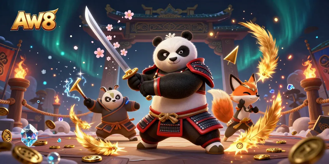 Experience thrilling action with AW8 in a vibrant 3D casino scene featuring unique characters.