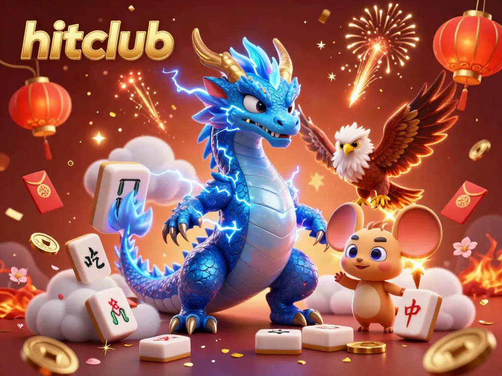 Engage in thrilling gameplay with hitclub's artistic storm dragon, glowing hawk, and electrifying mascot amidst casino elements.
