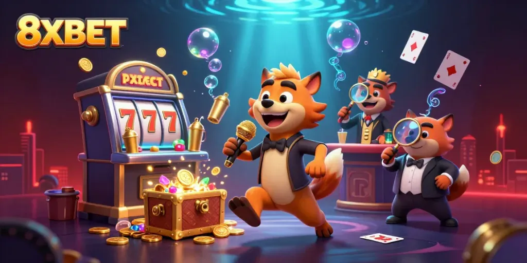 Engage with 8XBET in a vibrant casino scene where hyenas entertain, cocktails flow, and jackpots drop.