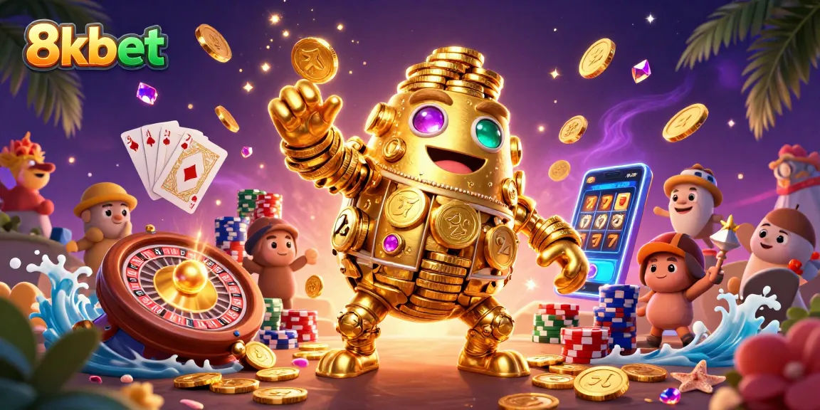 Spin the reels with 8kbet at a vibrant casino scene full of action and golden symbols.