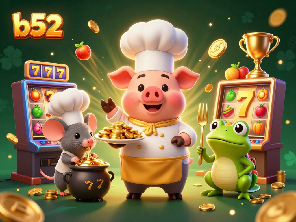 b52 players enjoy exciting slot games with golden trophy and coins from a lively casino scene.