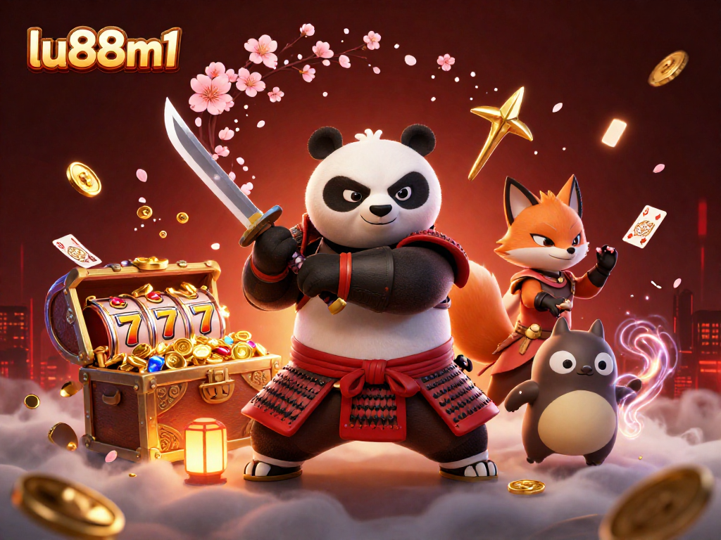 LU88m1 showcases thrilling gambling with samurai panda, ninja fox, and tanuki amid gold and jackpot treasures.