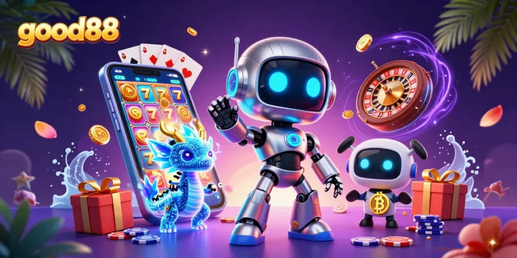 Experience thrilling gaming at good88 with vibrant 3D characters showcasing slots, crypto, and casino elements.