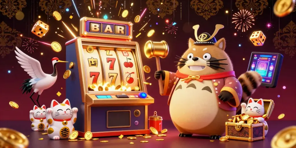 Experience the thrill of slot gacor with a vibrant cartoon scene featuring a cheerful tanuki, a crane, and fortune cats amidst a jackpot explosion.