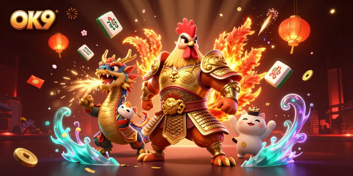 Experience thrilling gameplay at OK9 with a powerful rooster warrior and a dragon hatchling amidst vibrant gaming elements.