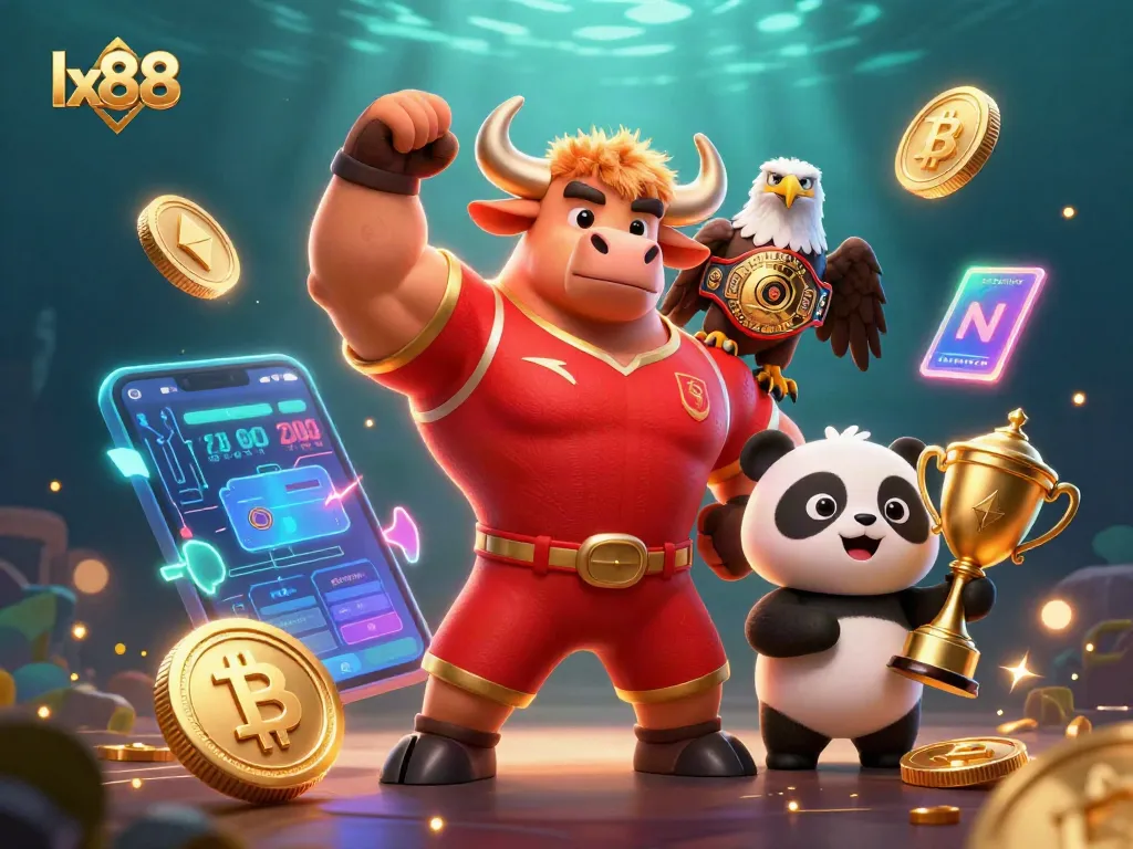 Bet big and win with lx88 as a bull mascot triumphantly poses beside an eagle and panda.