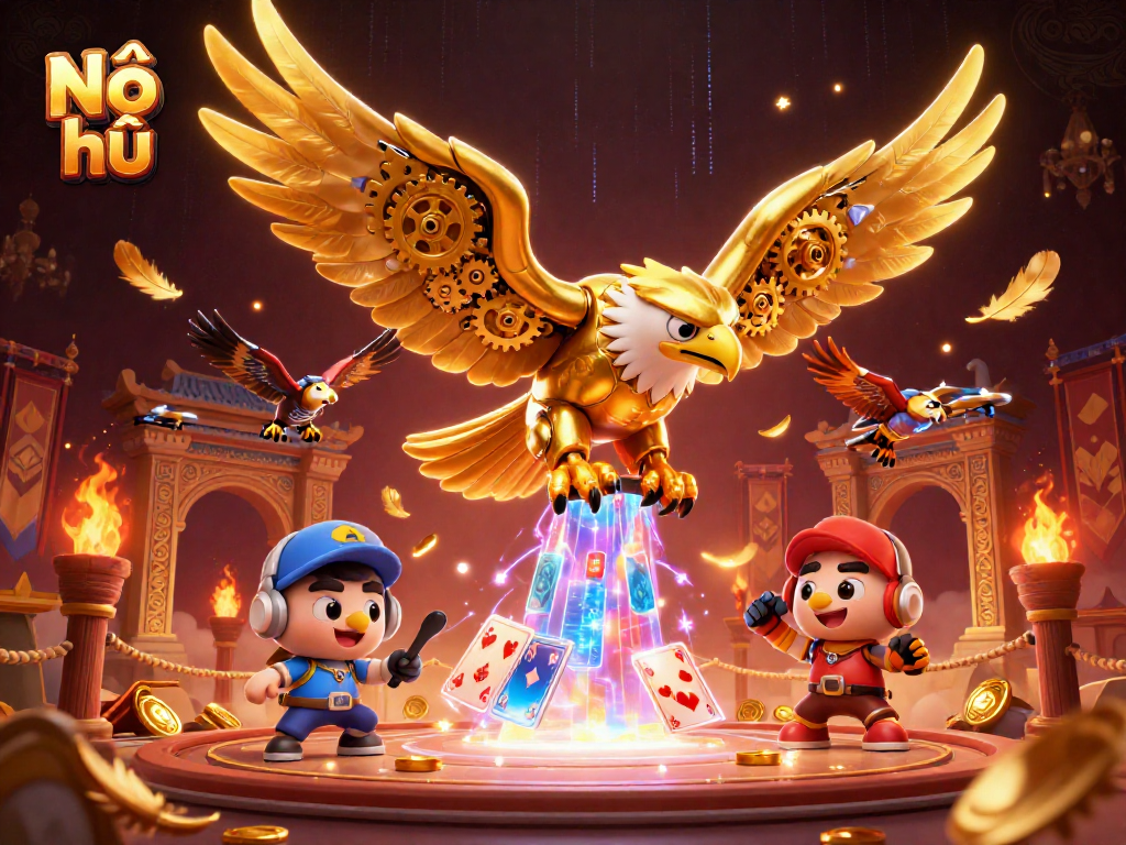 Nổ hũ: Experience thrilling gameplay with a cybernetic golden eagle diving through vibrant casino elements.
