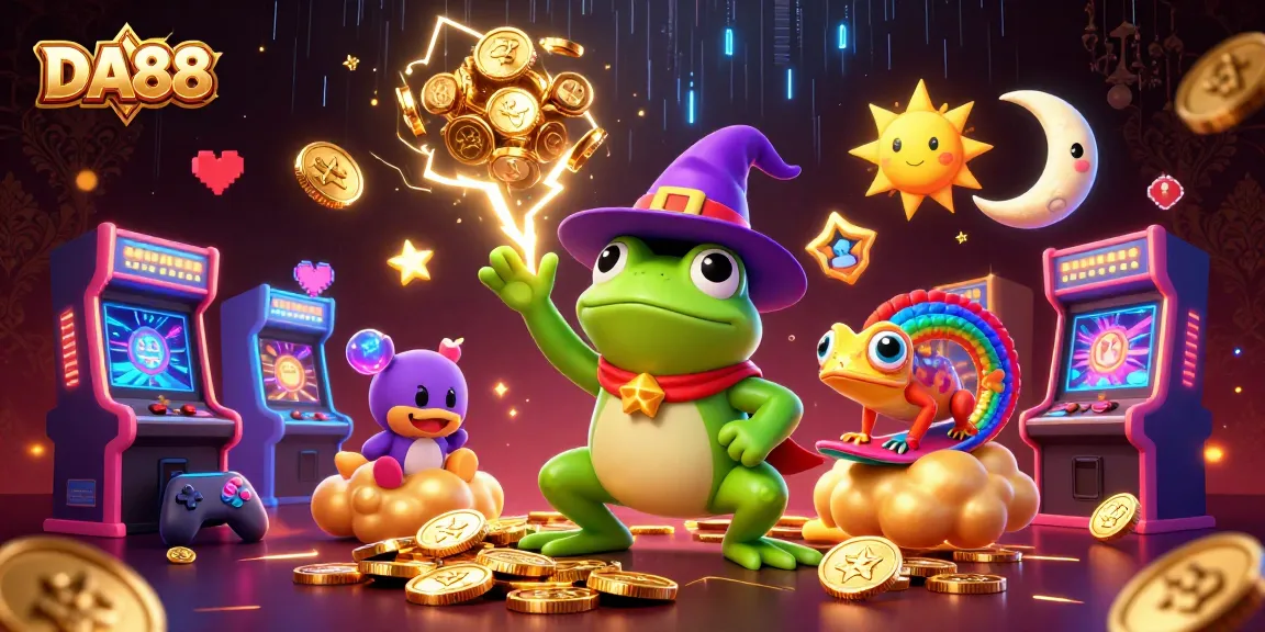 Experience excitement at DA88 with a storm of golden coins and gaming fun in this vibrant illustration.