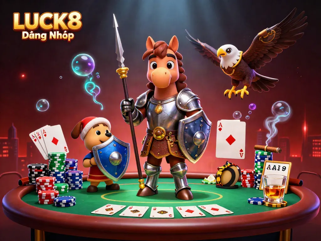Engage in the exciting world of LUCK8 Đăng Nhập, with dynamic casino characters amidst vibrant poker elements.