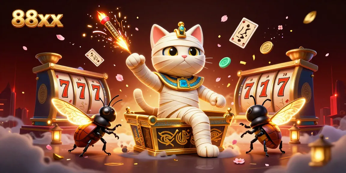 Experience thrilling slots action with 88xx in a dynamic casino scene featuring a mummy cat.