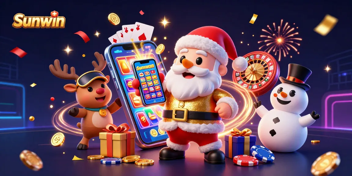 Play slots and win jackpots with Sunwin in this vibrant casino scene featuring festive characters.