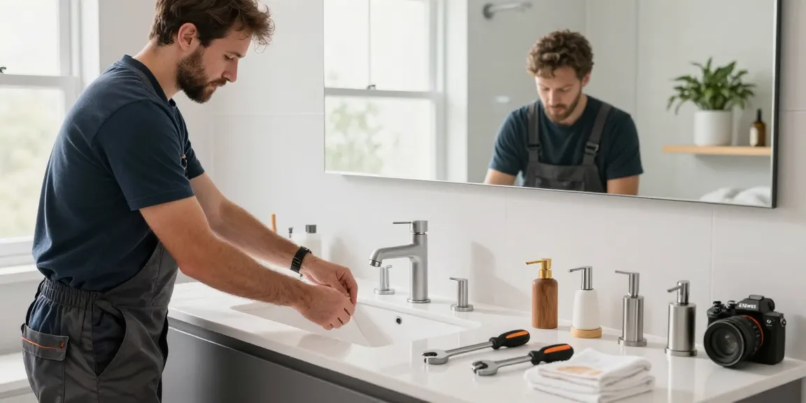 Installatie van een moderne badkamerkraan in een stijlvol gerenoveerde badkamer, met hulpmiddelen en designaccenten zichtbaar.