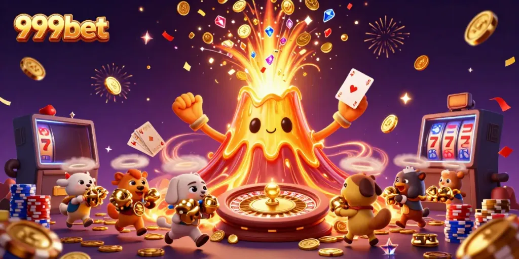 Win big with 999bet while a golden volcano erupts coins and treasures in a vibrant casino world.