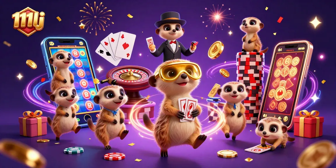 Join the fun at 111lj casino with meerkats managing games, chips, and slots!