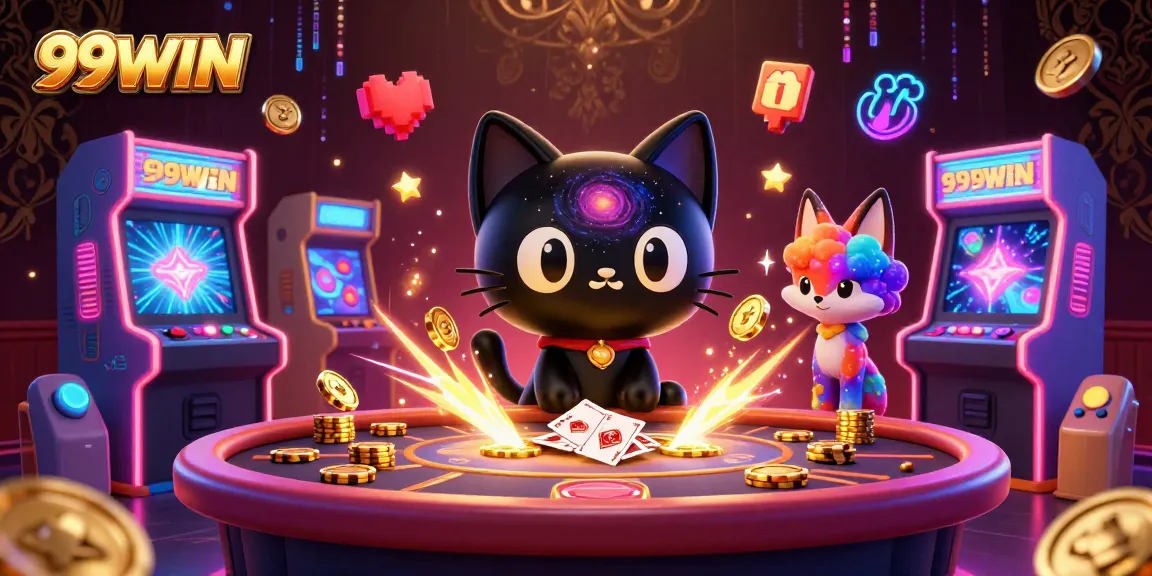 Experience thrilling gameplay with 99WIN at a cosmic casino table, surrounded by whimsical characters.