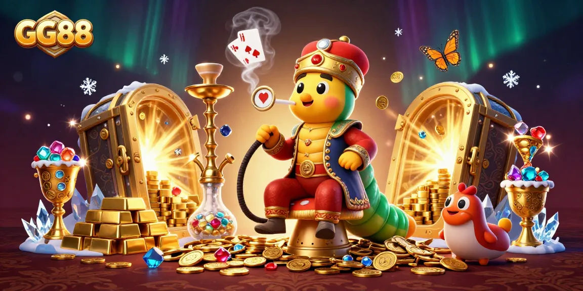 Engage with GG88's vibrant casino scene featuring exciting gaming elements and a colorful caterpillar character.