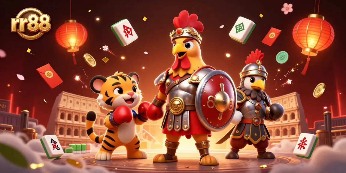 Engage with rr88's thrilling gaming experience through a vibrant 3D illustration showcasing an epic colosseum scene with playful characters and stunning visuals.