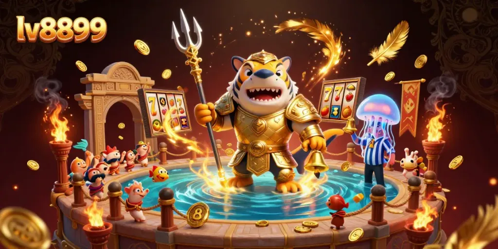 Experience exhilarating gameplay at lv8899 featuring a tiger shark in gladiator armor amidst a lively underwater casino scene.