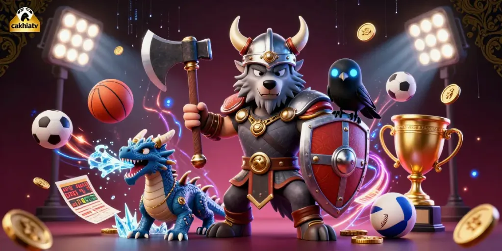 Bet on dynamic sports events with cakhiatv, illustrated by vibrant characters and rich elements.