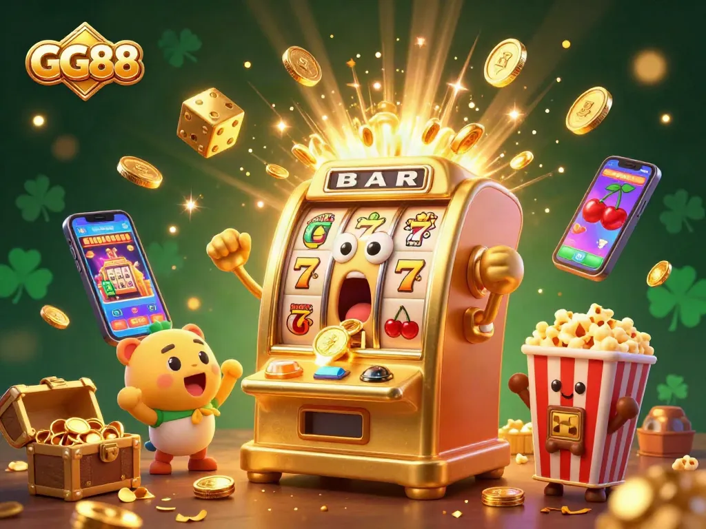 Spin for fortune at GG88 with a vibrant illustration of a golden slot machine celebrating a jackpot!