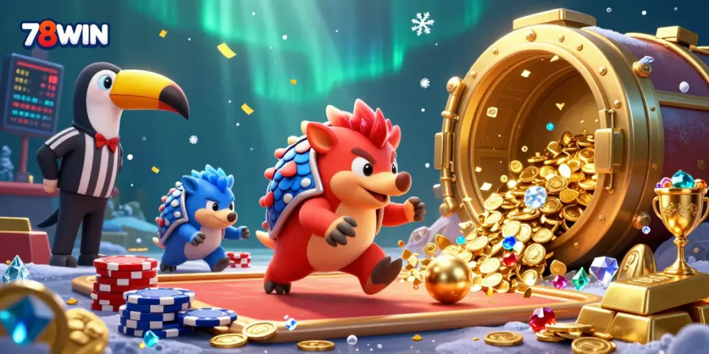 Engage in thrilling gameplay at 78WIN with rival pangolins amidst golden treasures and casino excitement.