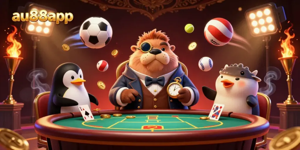 Engage with thrilling poker action at au88app featuring a walrus, penguin dealer, and bluffing pufferfish.