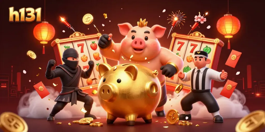 Engage in the h131 gaming experience with a massive golden piggy bank sumo wrestling amidst vibrant slot elements.