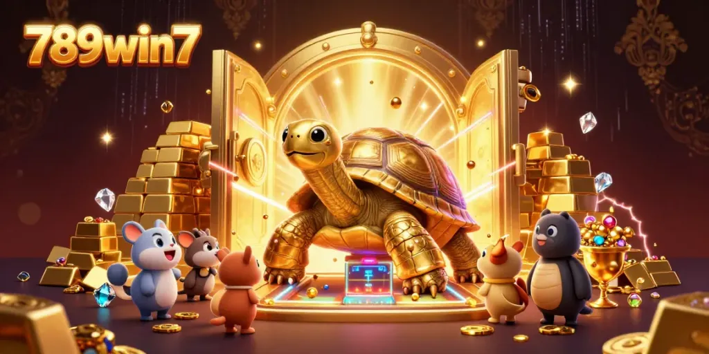 Experience thrilling gaming at 789win7 with a dynamic scene featuring a glorious tortoise pinball machine and golden treasures.