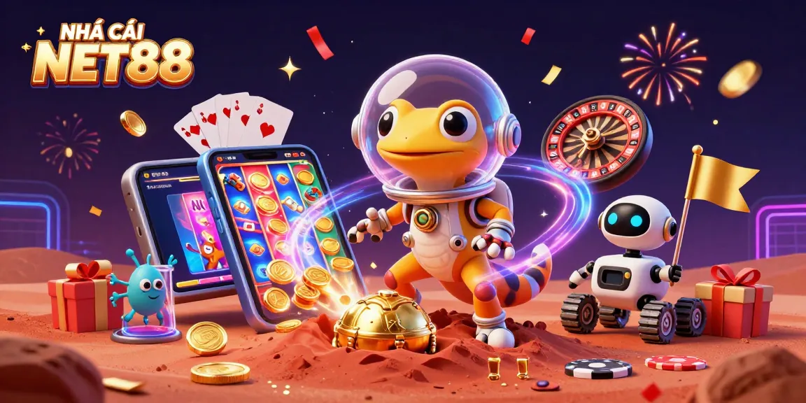 Engage in gaming thrills with NHÀ CÁI NET88 featuring a Martian gecko in a golden casino