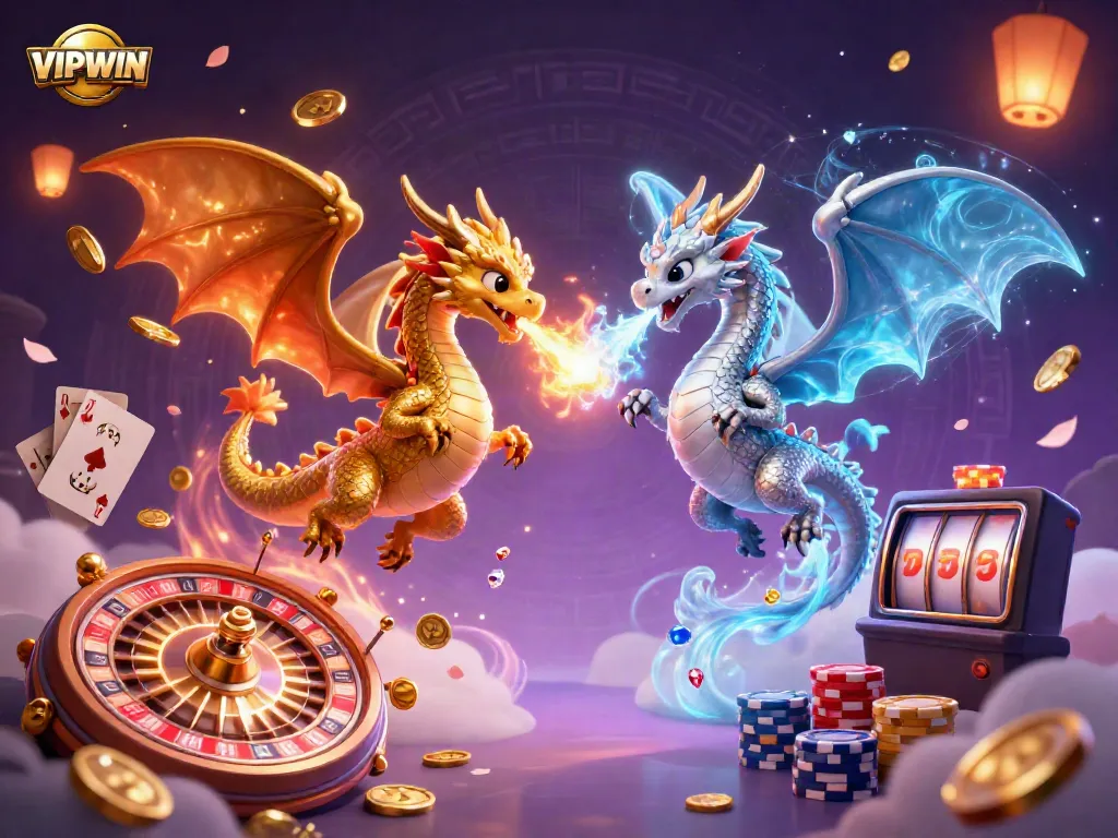 Experience exciting gaming with VIPWIN dragons, gold coins, and vibrant casino elements.