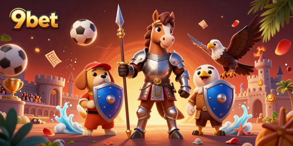 Bet with 9bet and engage in thrilling sports betting action, featuring dynamic characters and festive elements.