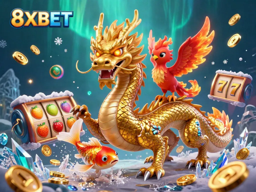 Experience thrilling online gaming at 8XBET featuring a fierce dragon, phoenix, and koi fish amidst vibrant slot games.