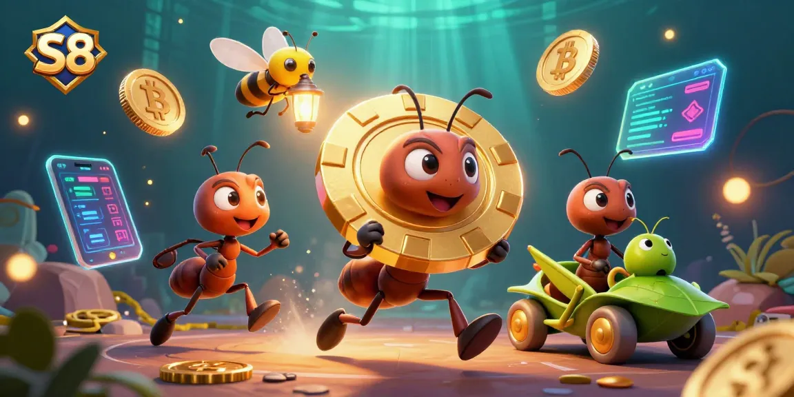 S8 casino heist scene with ants, golden poker chip, and crypto elements.