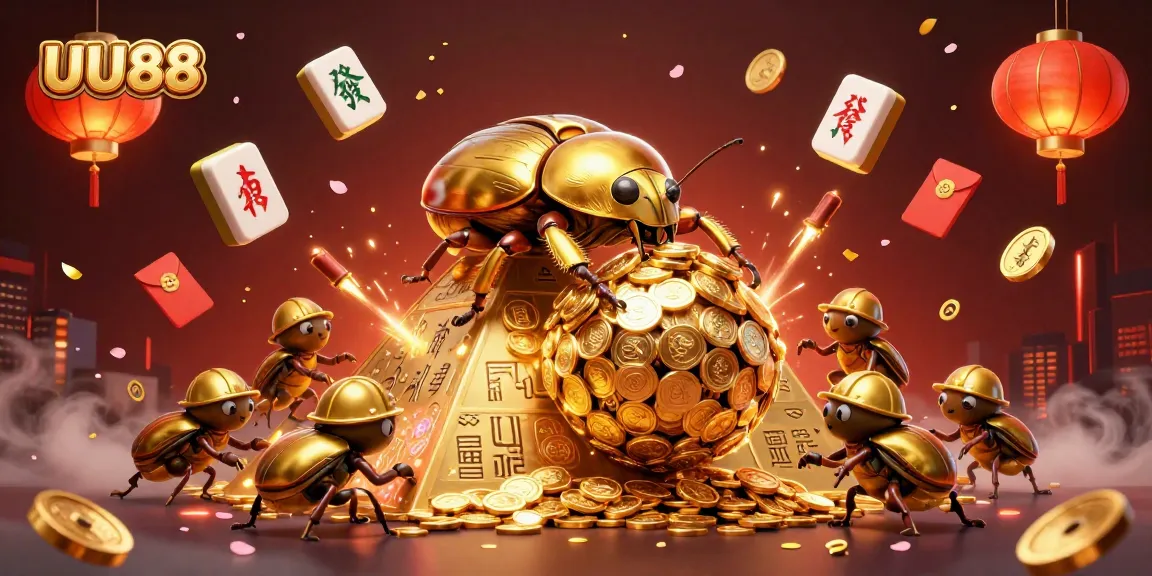 Experience thrilling gameplay at UU88 with a cartoon golden beetle rolling coins and vibrant casino elements.