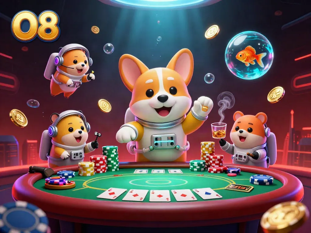 Engaging scene of O8's dynamic space casino featuring a floating astronaut corgi, mission-control hamster, and goldfish.