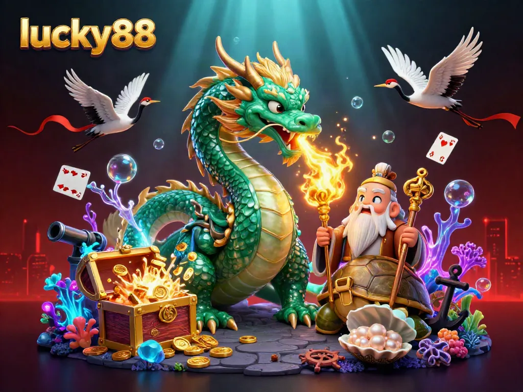 Experience the excitement of lucky88 with an emerald jade dragon and dynamic casino elements.
